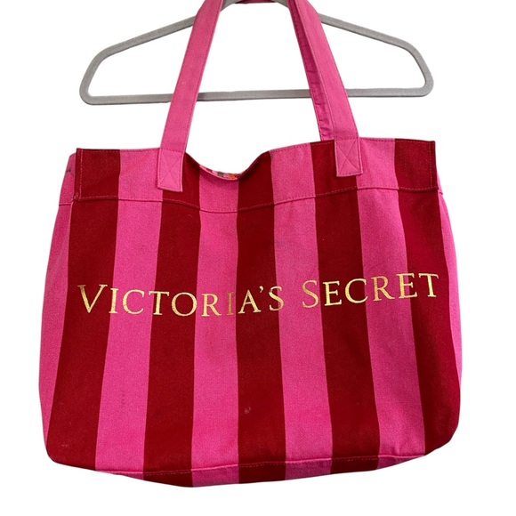 Victoria's Secret Pink Red Striped Canvas Tote Bag Metallic Beach Travel Summer - Picture 16 of 16